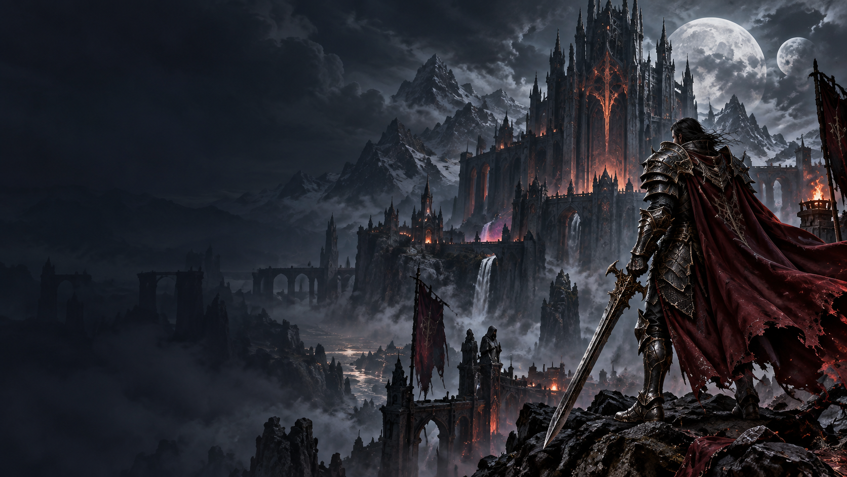An independently illustrated moonlit fortress and armored adventurer